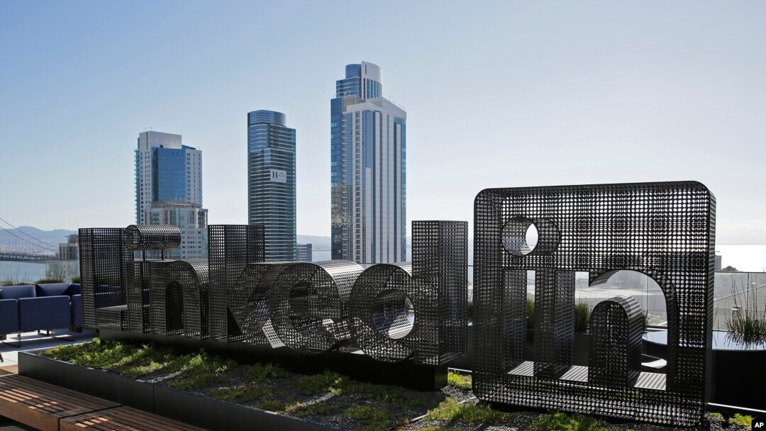 A sculpture of LinkedIn's logo is seen on a terrace outside the offices of the business-oriented social network, in San Francisco, California, Sept. 22, 2016.