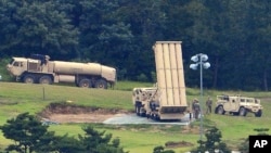 FILE - U.S. missile defense system called Terminal High Altitude Area Defense, or THAAD, is seen at a golf course in Seongju, South Korea, Sept. 6, 2017.