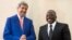 President of the Democratic Republic of Congo (DRC) Joseph Kabila (R) welcomes U.S. Secretary of State John Kerry at the Palais de la Nation in Kinshasa May 4, 2014. 