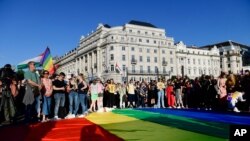 Para aktivis LGBTQ melakukan aksi unjuk rasa di depan Parlemen Hungaria di Budapest untuk menolak UU yang melarang penggambaran homoseksualitas pada anak di bawah 18 tahun, Senin (14/6).