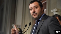 Matteo Salvini s'adressant à la presse, Rome, Italie, le 14 mai 2018.