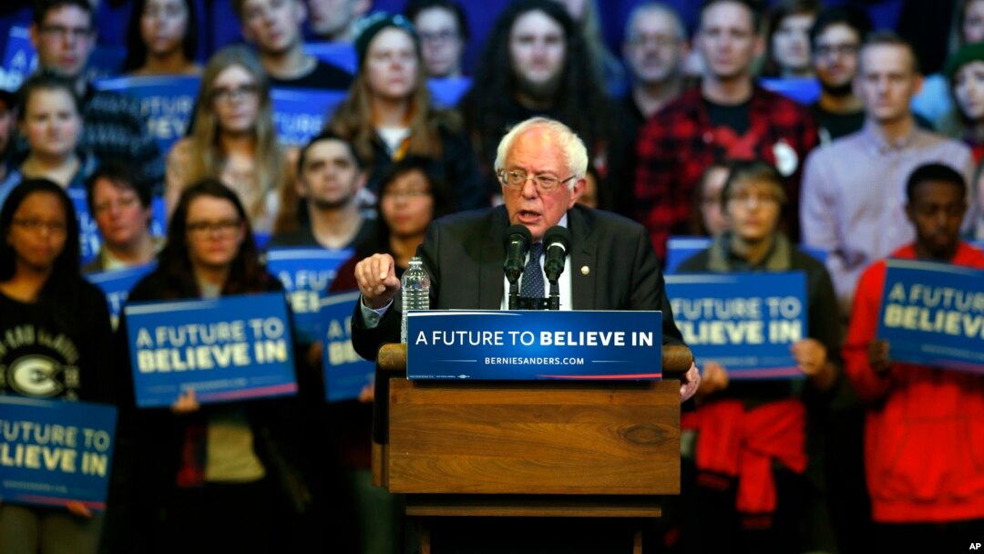 Democratic presidential candidate Sen. Bernie Sanders of Vermont addresses the crowd at a campaign rally at the University of Wisconsin-Eau Claire, April 2, 2016.