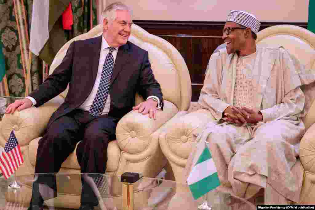 &nbsp;Sakataren Harkokin Wajen Amurka, Rex Tillerson tare da Shugaba Muhammadu Buhari yau a Fadar Shugaban Najeriya.