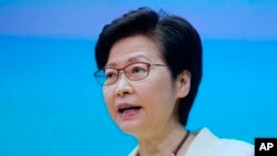 Pemimpin Hong Kong Carrie Lam dalam konferensi pers, 11 Mei 2021. (AP Photo/Vincent Yu)