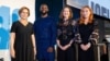 Journalists, from left, Rana Sabbagh, John-Allan Namu and Valeriya Yegoshyna, far right, pictured with Sharon Moshavi, second from right, president of the International Center for Journalists, in Washington. (International Center for Journalists photo) 