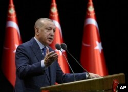 Turkey's President Recep Tayyip Erdogan addresses the conflict in Syria during a meeting in Ankara, Feb. 11, 2020.
