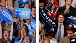 This combination of photos shows supporters of Democratic presidential candidate Hillary Clinton in Tempe, Ariz., on Wednesday, Nov. 2, 2016, and supporters of Republican presidential candidate Donald Trump in Baton Rouge, La., on Thursday, Feb. 11, 2016.