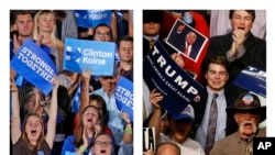 Une combinaison de photos montre des partisans de la candidate démocrate Hillary Clinton, à gauche, et ceux de son rival républicain Donald Trump, lors de leurs meetings respectifs de campagne à Tempe, Arizona, 11 février 2016.