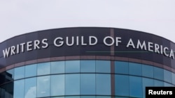 FILE: The Writers Guild of America West offices are seen in Los Angeles as Hollywood film and TV writers, who voted overwhelmingly in favor of a strike, have walked out as of Tuesday, May 2, 2023. Taken April 25, 2023.