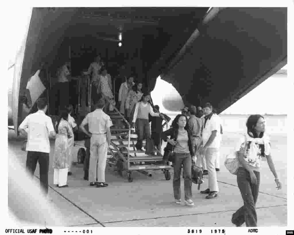 Photo of refugees at the Vietnamese Refugee Processing Center at Eglin Air Force Base in 1975.