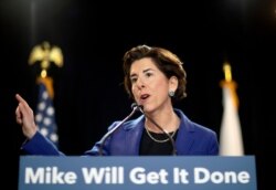 Rhode Island Gov. Gina Raimondo introduces Democratic presidential candidate and former New York City Mayor Michael Bloomberg at a campaign event, Feb. 5, 2020, in Providence, R.I.