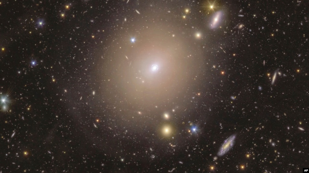 This photo provided by the European Space Agency shows a ring of light surrounding the center of the galaxy NGC 6505, captured by European Space Agency's Euclid telescope, an example of an Einstein ring. (European Space Agency via AP)