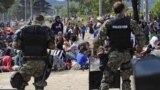 Macedonian special policemen guard the border as more than a thousand immigrants wait at the border between Macedonia and Greece, Aug. 21, 2015.