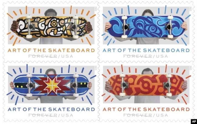 This image provided by the U.S. Postal Service shows its new the "Art of the Skateboard" Forever stamps. The agency on Friday, March 24, 2023, is debuting the stamps at a Phoenix skate park. The stamps feature designs from four artists from around the country, including two Indigenous artists. (Courtesy of USPS via AP)