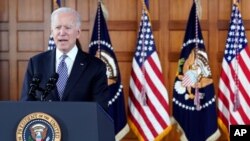 President Joe Biden speaks after meeting with leaders from Georgia's Asian-American and Pacific Islander community, Friday, March 19, 2021, at Emory University in Atlanta. (AP Photo/Patrick Semansky)