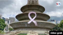 Un lazo rosa en honor al mes contra el cáncer de mama en una plaza del este de Caracas, el 19 de octubre de 2020. Captura de pantalla.