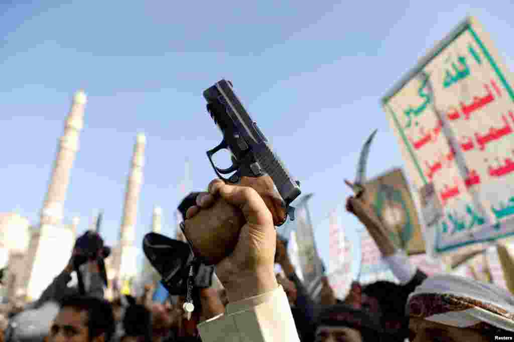 Protesters, mainly Houthi supporters, rally to show support to Palestinians in the Gaza Strip, in Sanaa, Yemen.