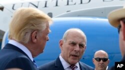 President Donald Trump and White House Chief of Staff John Kelly talk to the media before boarding Air Force One at Andrews Air Force Base in Md., May 4, 2018. 