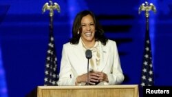 Wakil Presiden AS terpilih, Kamala Harris, saat berpidato di hadapan para pendukung Partai Demokrat setelah media memberitakan kemenangan pasangan capres/cawapres Joe Biden - Harris, di Wilmington, Delaware, Sabtu, 7 November 2020. (Foto: Reuters)