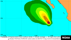 Tropical storm Kay is centered about 280 (455 kilometers) south-southwest of the southern tip of Mexico's Baja California peninsula and is moving northwest near 8 mph (13 kph).