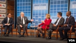 Left to right: Mil Arcega, Gene Policinski, Baroness Emma Nicholson of Winterbourne, Lorenzo Vidino and Harun Maruf discuss ISIS’s use of propaganda during a town hall at the Newseum in Washington, D.C., Oct. 21, 2015