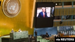 President Trump speaks during the 75th annual U.N. General Assembly, which is being held mostly virtually due to the COVID-19 pandemic in New York, Sept. 22, 2020.
