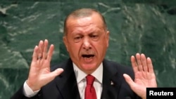 Turkey's President Recep Tayyip Erdogan addresses the 74th session of the United Nations General Assembly at U.N. headquarters in New York City, Sept. 24, 2019. 