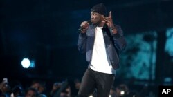 Rapper Stormzy performs on stage at the Brit Awards 2017 in London, Feb. 22, 2017. 