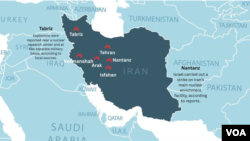 Map showing locations of Israeli strikes on Iran, June 13, 2025.