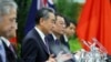 China's Foreign Minister Wang Yi (C) speaks during a bilateral meeting with New Zealand's Minister of Foreign Affairs Winston Peters (not pictured) at Parliament in Wellington on March 18, 2024.