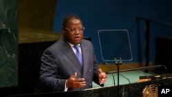 FILE - Gabon's Foreign Minister Emmanuel Issoze-Ngondet addresses the 71st session of the United Nations General Assembly at U.N. headquarters, Sept. 24, 2016.