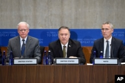 Secretary of State Mike Pompeo, center, flanked by James Jeffrey, the State Department's Special Representative on Syria, left, and NATO Secretary General Jens Stoltenberg, right, speaks at the State Department in Washington, Nov. 14, 2019.