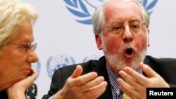 Paulo Pinheiro, presidente de la Comisión de Investigación sobre Siria de la ONU, en una rueda de prensa en Ginebra.