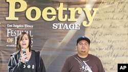 Dario Serrano and Briauna Taylor performing their group poem at the Los Angeles Times Festival of Books