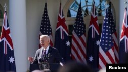 U.S. President Joe Biden addresses a joint press conference with Australia’s Prime Minister Anthony Albanese in the Rose Garden at the White House in Washington, U.S., October 25, 2023. 