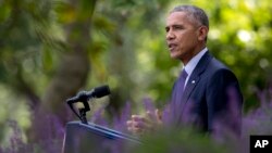 President Barack Obama speaks in the Rose Garden of the White House in Washington, Oct. 5, 2016, where he welcomed the news that the Paris agreement on climate change will take effect in a month as a historic achievement.