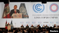 Presiden Peru Ollanta Humala membawakan pidatonya dalam Segmen Tingkat Tinggi Konferensi Perubahan Iklim PBB COP 20 di Lima, 11/12/2014. 