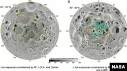 წყლის ყინულის დისტრიბუცია მთვარის სამხრეთ პოლუსზე (მარცხნივ) და ჩრდილოეთ პოლუსზე (მარჯვნივ). ნასას (NASA) ფოტო. 
