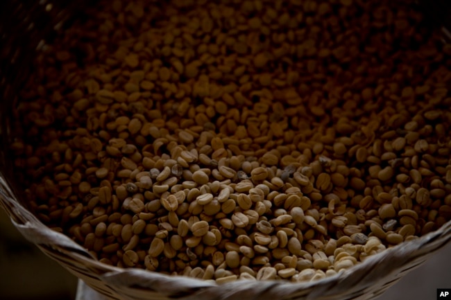 FILE - Arabica coffee beans harvested the previous year are stored at a coffee plantation in Ciudad Vieja, Guatemala, on May 22, 2014. (AP Photo/Moises Castillo, File)