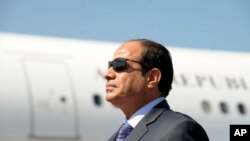 Presiden Mesir Abdel-Fattah el-Sissi berdiri di Bandara Algiers setibanya di Algiers, Algeria, pada 25 Juni 2014. (Foto: AP/Sidal Djarboub)