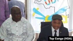 Félix Tshisekedi, et Jean-Marc Kabund, lors d'une conférence de presse au siège de l'UDPS, Limete, Kinshasa, en RDC le 28 octobre 2016. (VOA/Top Congo)