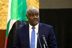 FILE - Chairperson of the African Union Commission, Moussa Faki Mahamat, speaks in Khartoum, Feb. 5, 2019.