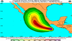 Projected path and intensity of Tropical Storm Patricia (NOAA).