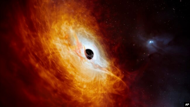 This illustration provided by the European Southern Observatory in February 2024 depicts the record-breaking quasar J059-4351, the bright core of a distant galaxy that is powered by a supermassive black hole.