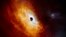 This illustration provided by the European Southern Observatory in February 2024 depicts the record-breaking quasar J059-4351, the bright core of a distant galaxy that is powered by a supermassive black hole. 
