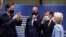 Left to right, Dutch Prime Minister Mark Rutte, European Council President Charles Michel, French President Emmanuel Macron and President of the European Commission Ursula von der Leyen chat at a European Union summit in Brussels, Belgium, July 21, 2020.