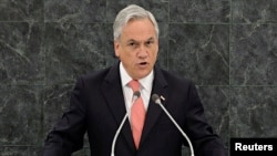 FILE - Chile's President Sebastian Pinera addresses the 68th United Nations General Assembly in New York, Sept. 24, 2013. 