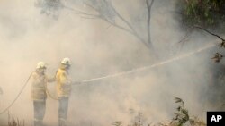 Rural Fire Service firefighters control a backburn in an effort to contain an approaching fire near Nattai, southwest of Sydney, Australia, Dec. 7, 2019. 