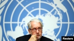 FILE - Paulo Pinheiro, chair of the Independent International Commission of Inquiry on Syria, attends a news conference during a session of the Human Rights Council at the United Nations in Geneva, Switzerland, Sept. 11, 2019.