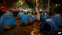 Protesters' tents are seen in a street during a rally against the results of the parliamentary elections amid allegations that the vote was rigged in Tbilisi, Georgia, Nov. 18, 2024.